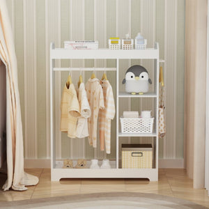 English Elm Kids Wooden Dress up Station with Mirror Hooks Shelves and Hanging Rod for Playroom W808P346009