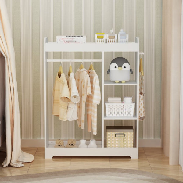 English Elm Kids Wooden Dress up Station with Mirror Hooks Shelves and Hanging Rod for Playroom W808P346009