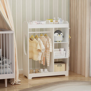 English Elm Kids Wooden Dress up Station with Mirror Hooks Shelves and Hanging Rod for Playroom W808P346009