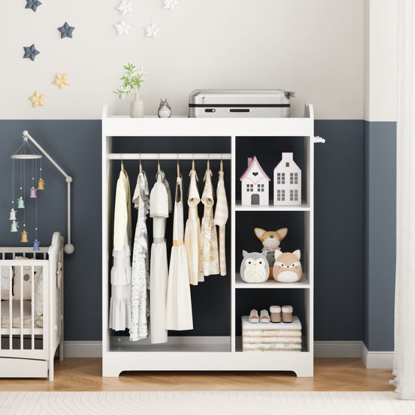 English Elm Kids Wooden Dress up Station with Mirror Hooks Shelves and Hanging Rod for Playroom W808P346009