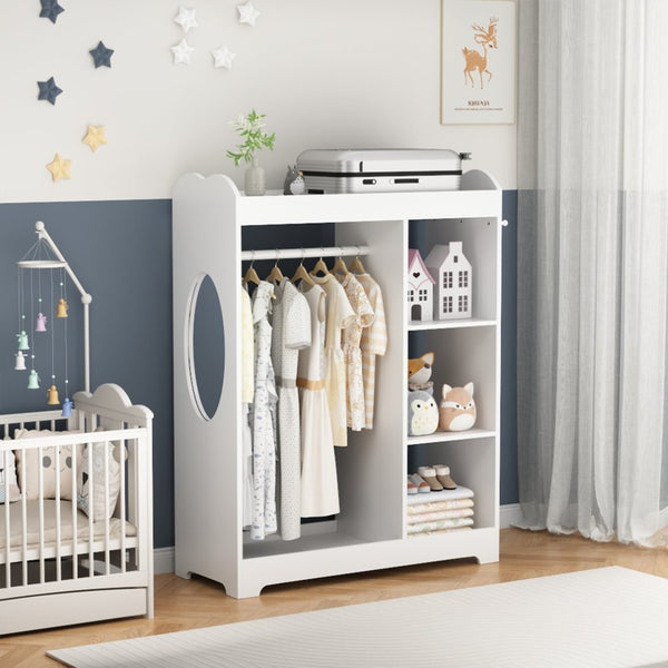 English Elm Kids Wooden Dress up Station with Mirror Hooks Shelves and Hanging Rod for Playroom W808P346009