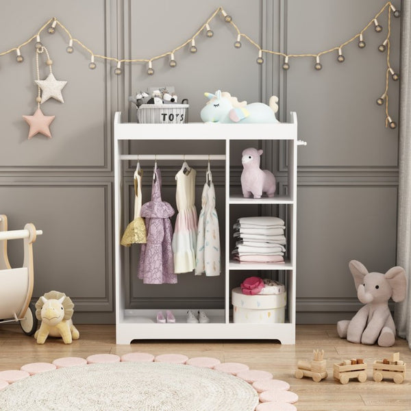 English Elm Kids Wooden Dress up Station with Mirror Hooks Shelves and Hanging Rod for Playroom W808P346009