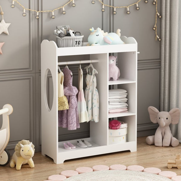 English Elm Kids Wooden Dress up Station with Mirror Hooks Shelves and Hanging Rod for Playroom W808P346009