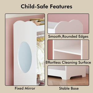 English Elm Kids Wooden Dress up Station with Mirror Hooks Shelves and Hanging Rod for Playroom W808P346009