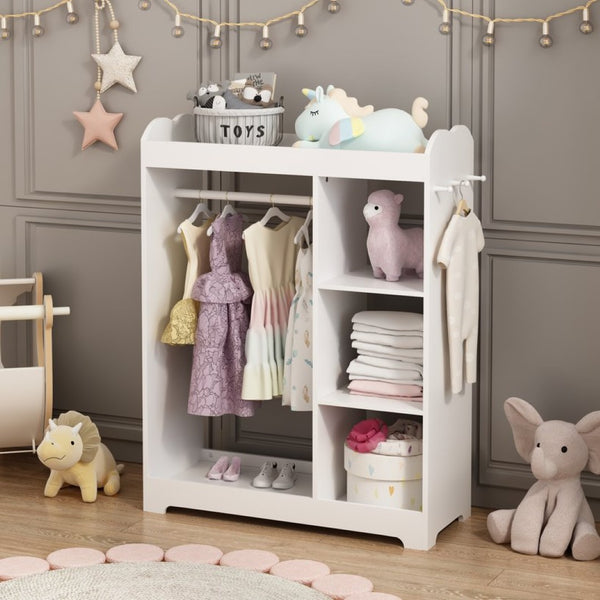 English Elm Kids Wooden Dress up Station with Mirror Hooks Shelves and Hanging Rod for Playroom W808P346009