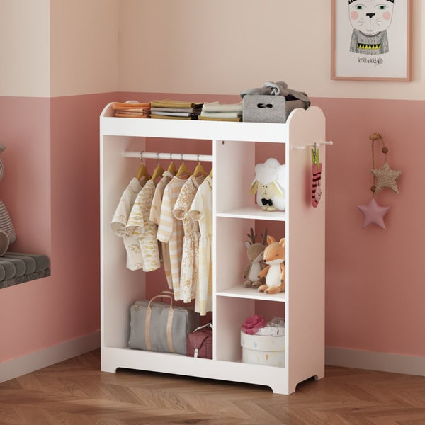English Elm Kids Wooden Dress up Station with Mirror Hooks Shelves and Hanging Rod for Playroom W808P346009