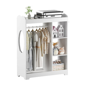 English Elm Kids Wooden Dress up Station with Mirror Hooks Shelves and Hanging Rod for Playroom W808P346009