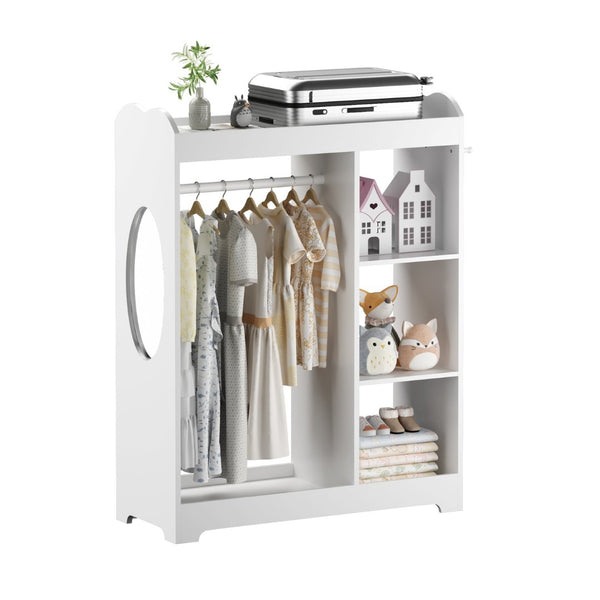 English Elm Kids Wooden Dress up Station with Mirror Hooks Shelves and Hanging Rod for Playroom W808P346009