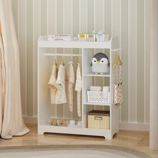 English Elm Kids Wooden Dress up Station with Mirror Hooks Shelves and Hanging Rod for Playroom W808P346009