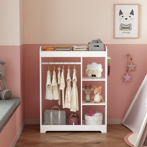 English Elm Kids Wooden Dress up Station with Mirror Hooks Shelves and Hanging Rod for Playroom W808P346009