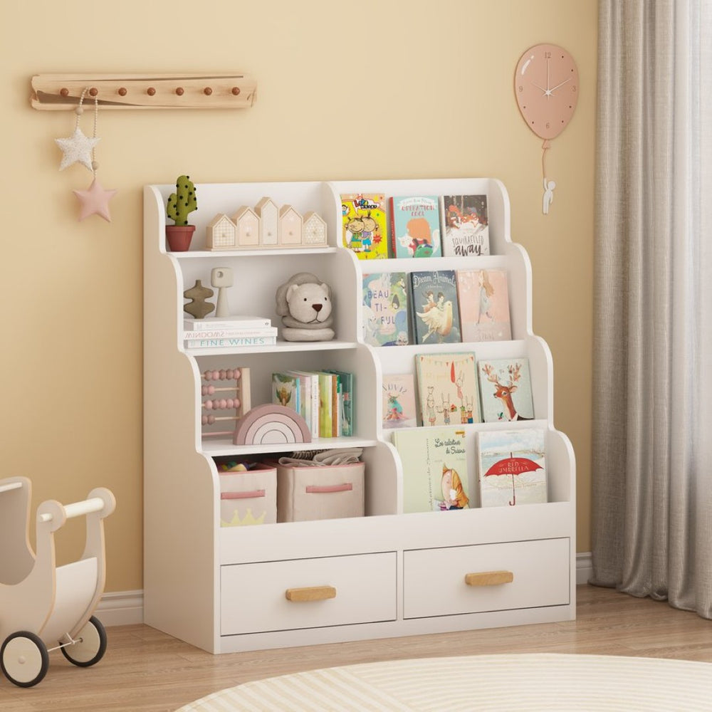 English Elm Kids Front-facing Bookcase with Two Drawers White Mdf Nursery Playroom Shelf W808P346016