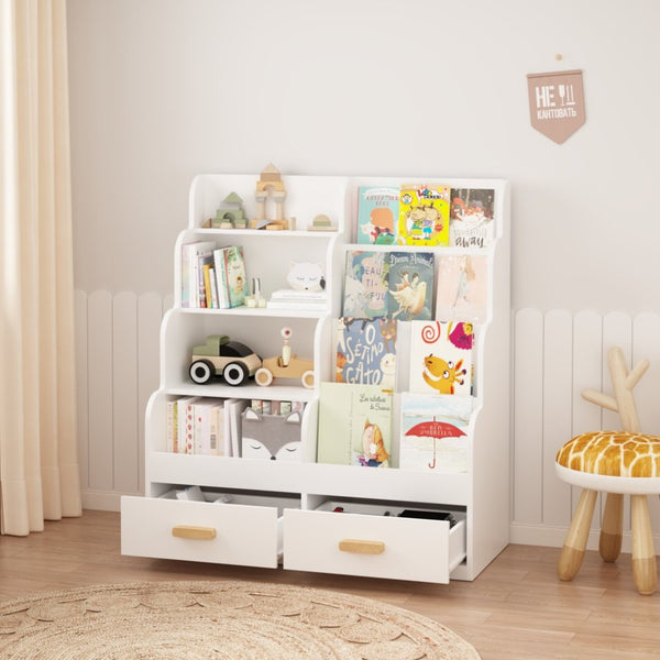 English Elm Kids Front-facing Bookcase with Two Drawers White Mdf Nursery Playroom Shelf W808P346016