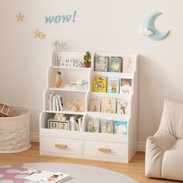 English Elm Kids Front-facing Bookcase with Two Drawers White Mdf Nursery Playroom Shelf W808P346016