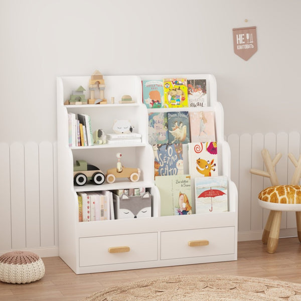 English Elm Kids Front-facing Bookcase with Two Drawers White Mdf Nursery Playroom Shelf W808P346016