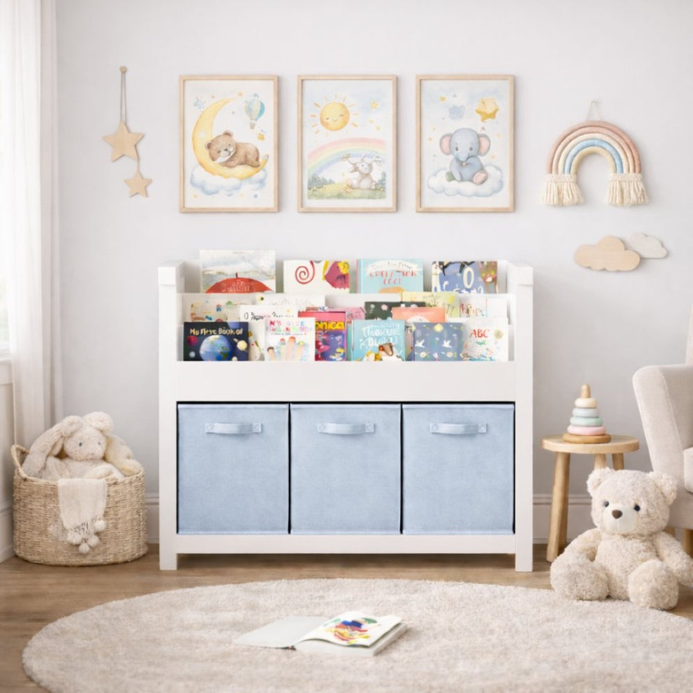 English Elm Kids Wooden Bookcase with Front Display Tiers and Fabric Bins for Playroom Nursery W808P350378
