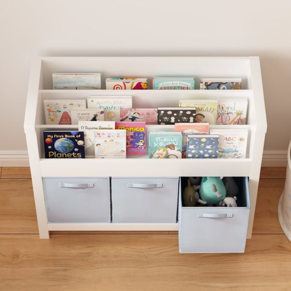 English Elm Kids Wooden Bookcase with Front Display Tiers and Fabric Bins for Playroom Nursery W808P350378