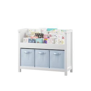 English Elm Kids Wooden Bookcase with Front Display Tiers and Fabric Bins for Playroom Nursery W808P350378