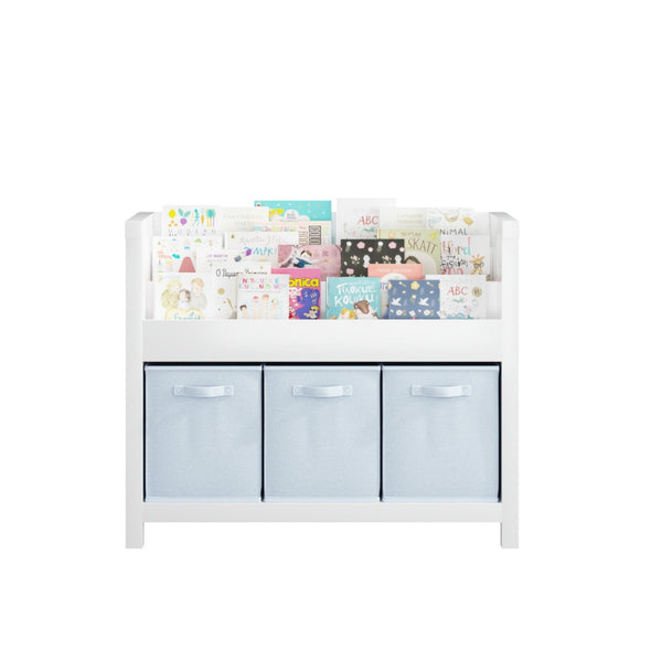 English Elm Kids Wooden Bookcase with Front Display Tiers and Fabric Bins for Playroom Nursery W808P350378