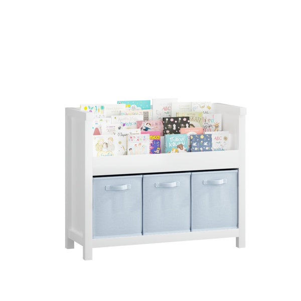 English Elm Kids Wooden Bookcase with Front Display Tiers and Fabric Bins for Playroom Nursery W808P350378