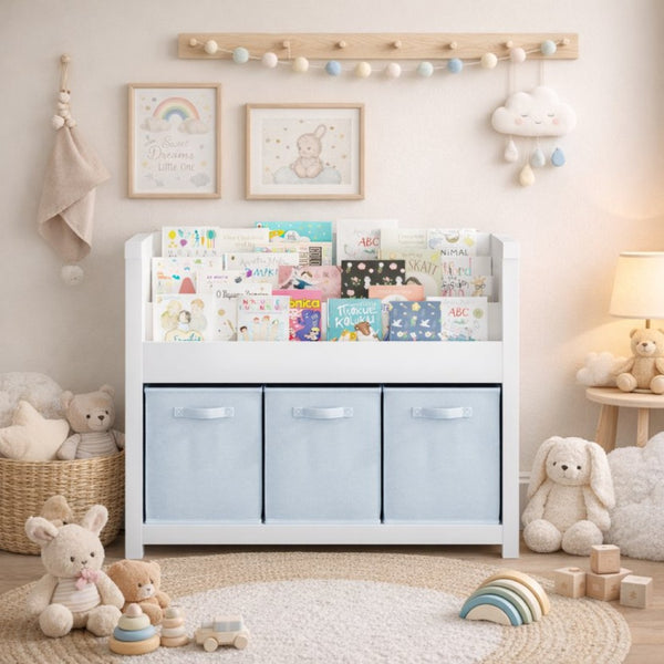 English Elm Kids Wooden Bookcase with Front Display Tiers and Fabric Bins for Playroom Nursery W808P350378