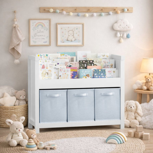 English Elm Kids Wooden Bookcase with Front Display Tiers and Fabric Bins for Playroom Nursery W808P350378