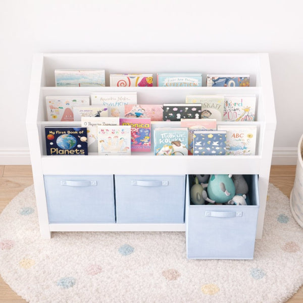 English Elm Kids Wooden Bookcase with Front Display Tiers and Fabric Bins for Playroom Nursery W808P350378