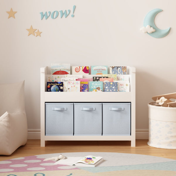 English Elm Kids Wooden Bookcase with Front Display Tiers and Fabric Bins for Playroom Nursery W808P350378