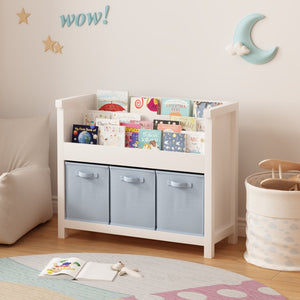 English Elm Kids Wooden Bookcase with Front Display Tiers and Fabric Bins for Playroom Nursery W808P350378