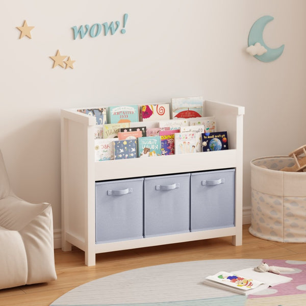 English Elm Kids Wooden Bookcase with Front Display Tiers and Fabric Bins for Playroom Nursery W808P350378