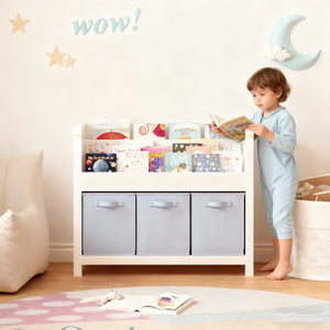 English Elm Kids Wooden Bookcase with Front Display Tiers and Fabric Bins for Playroom Nursery W808P350378