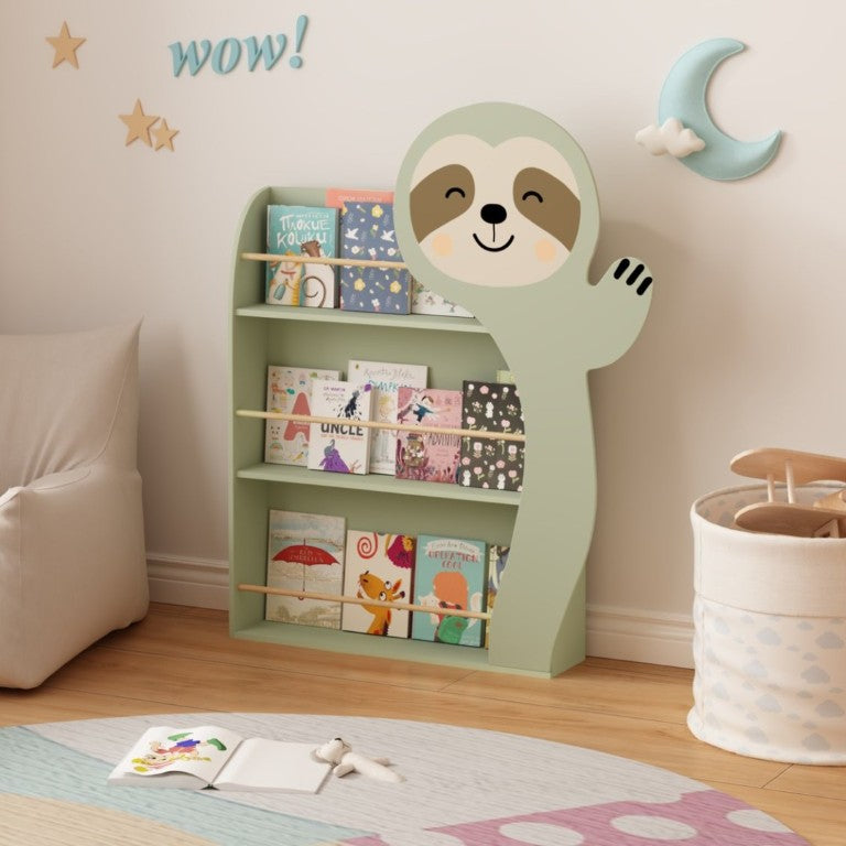 English Elm Sloth Shaped Wooden Kids Bookshelf 3 Tier Front Display Rack for Nursery Playroom W808P350381