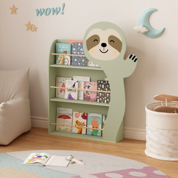 English Elm Sloth Shaped Wooden Kids Bookshelf 3 Tier Front Display Rack for Nursery Playroom W808P350381