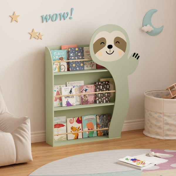 English Elm Sloth Shaped Wooden Kids Bookshelf 3 Tier Front Display Rack for Nursery Playroom W808P350381