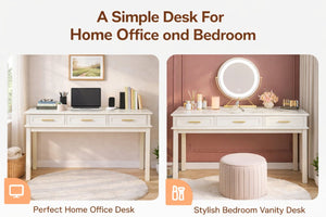 English Elm Cream High-gloss Vanity Desk with Three Drawers Slim Mdf Build for Bedroom W808P365096