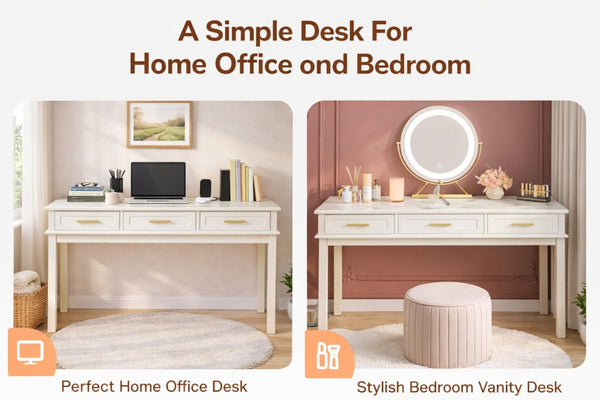 English Elm Cream High-gloss Vanity Desk with Three Drawers Slim Mdf Build for Bedroom W808P365096