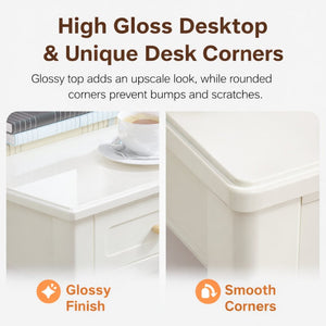 English Elm Cream High-gloss Vanity Desk with Three Drawers Slim Mdf Build for Bedroom W808P365096