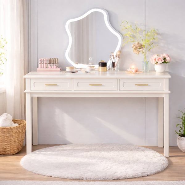 English Elm Cream High-gloss Vanity Desk with Three Drawers Slim Mdf Build for Bedroom W808P365096
