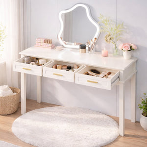 English Elm Cream High-gloss Vanity Desk with Three Drawers Slim Mdf Build for Bedroom W808P365096