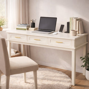 English Elm Cream High-gloss Vanity Desk with Three Drawers Slim Mdf Build for Bedroom W808P365096