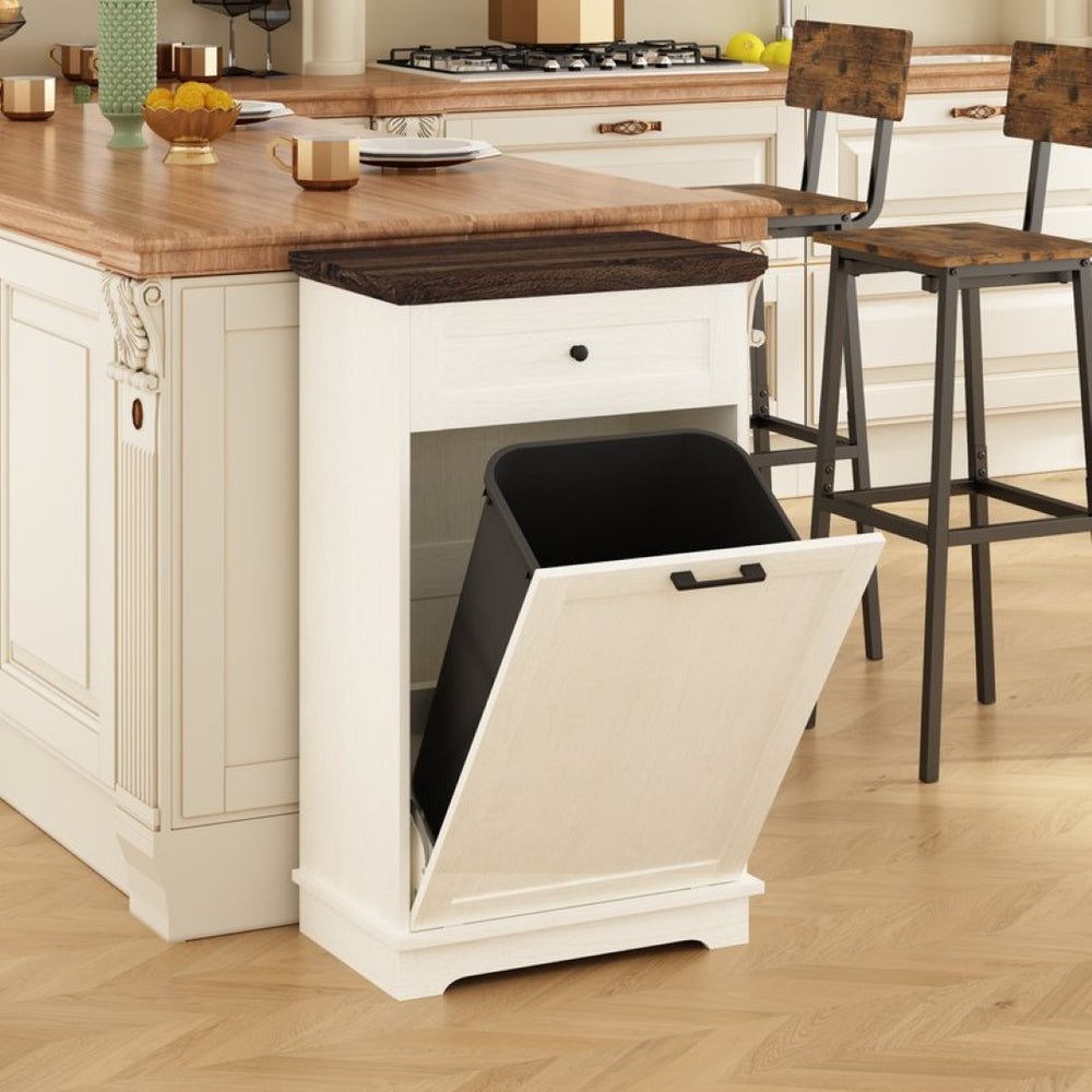 English Elm 10 Gallon Tilt Out Wood Trash Cabinet with Drawer Freestanding Kitchen Storage W808P379485