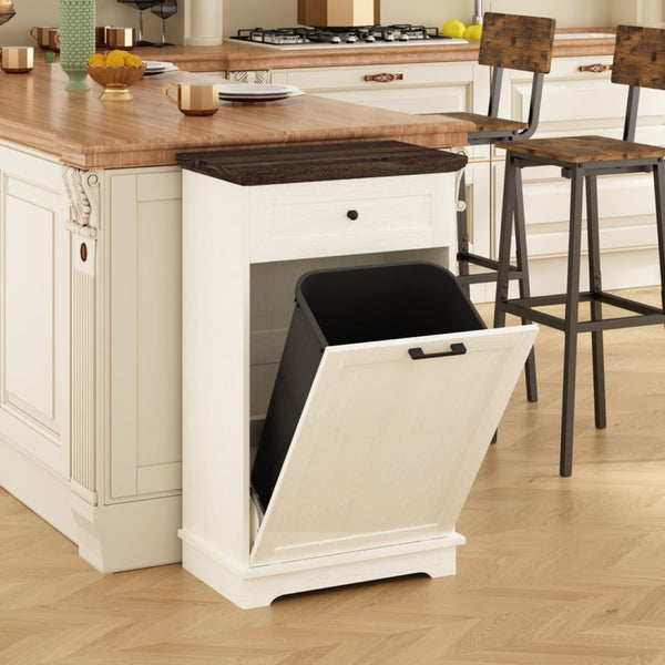 English Elm 10 Gallon Tilt Out Wood Trash Cabinet with Drawer Freestanding Kitchen Storage W808P379485