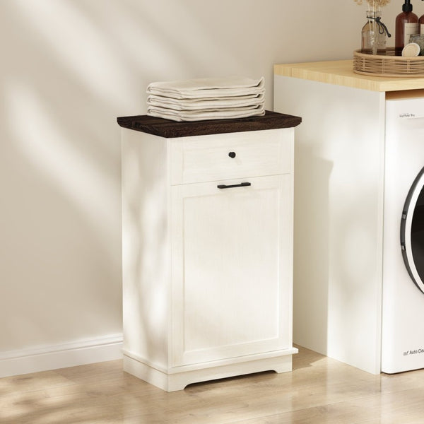English Elm 10 Gallon Tilt Out Wood Trash Cabinet with Drawer Freestanding Kitchen Storage W808P379485