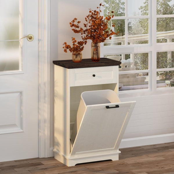 English Elm 10 Gallon Tilt Out Wood Trash Cabinet with Drawer Freestanding Kitchen Storage W808P379485