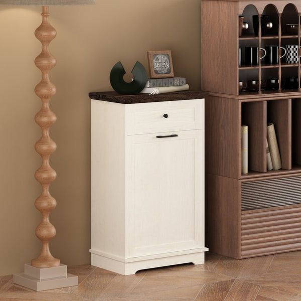 English Elm 10 Gallon Tilt Out Wood Trash Cabinet with Drawer Freestanding Kitchen Storage W808P379485