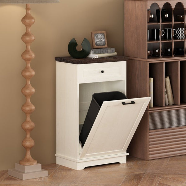 English Elm 10 Gallon Tilt Out Wood Trash Cabinet with Drawer Freestanding Kitchen Storage W808P379485