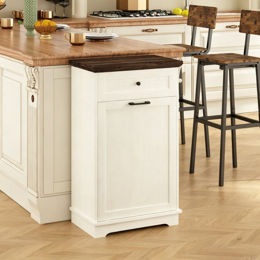 English Elm 10 Gallon Tilt Out Wood Trash Cabinet with Drawer Freestanding Kitchen Storage W808P379485