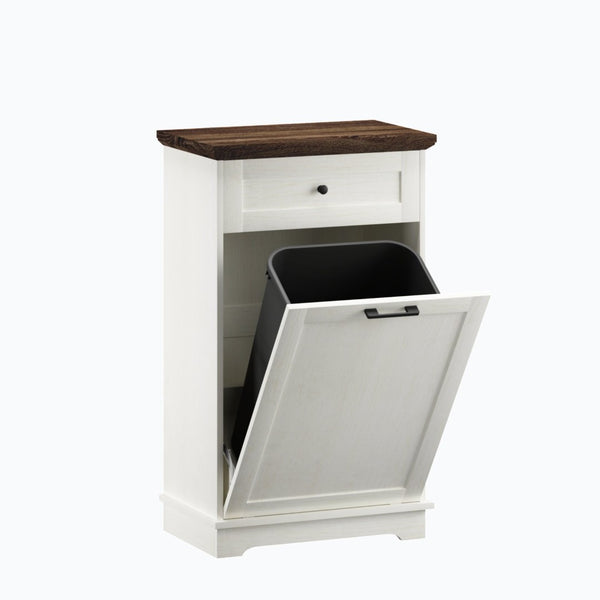 English Elm 10 Gallon Tilt Out Wood Trash Cabinet with Drawer Freestanding Kitchen Storage W808P379485
