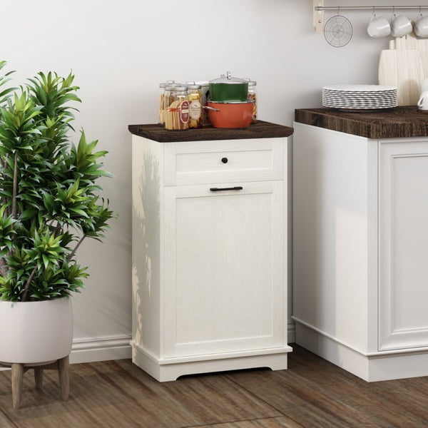 English Elm 10 Gallon Tilt Out Wood Trash Cabinet with Drawer Freestanding Kitchen Storage W808P379485