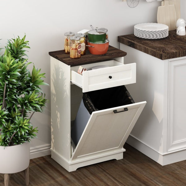 English Elm 10 Gallon Tilt Out Wood Trash Cabinet with Drawer Freestanding Kitchen Storage W808P379485