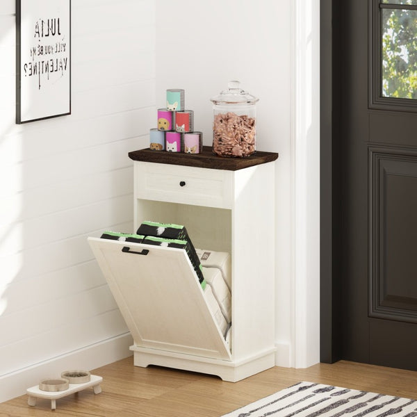 English Elm 10 Gallon Tilt Out Wood Trash Cabinet with Drawer Freestanding Kitchen Storage W808P379485